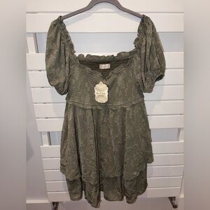 Altar'd State - Ellery Vetiver Lace Puff Short Sleeve Dress, XL